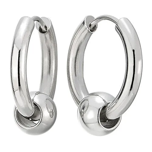 Silver Steel Huggie Hoop Earrings with Center Bead, Unisex Hinged Bands, Timeless Design for Men and Women, Ideal for Any Occasion