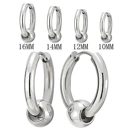 Silver Steel Huggie Hoop Earrings with Center Bead, Unisex Hinged Bands, Timeless Design for Men and Women, Ideal for Any Occasion