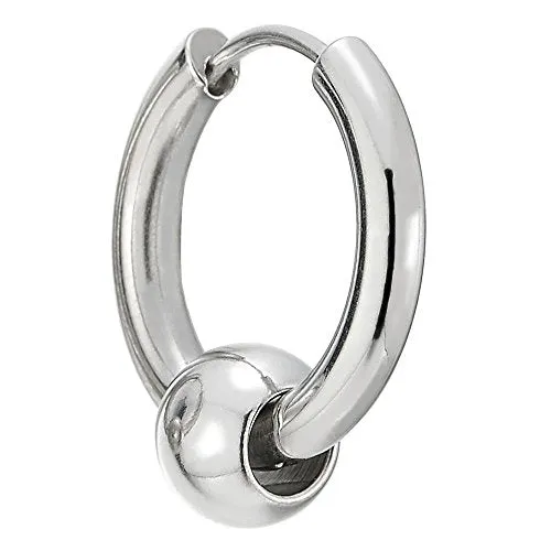 Silver Steel Huggie Hoop Earrings with Center Bead, Unisex Hinged Bands, Timeless Design for Men and Women, Ideal for Any Occasion