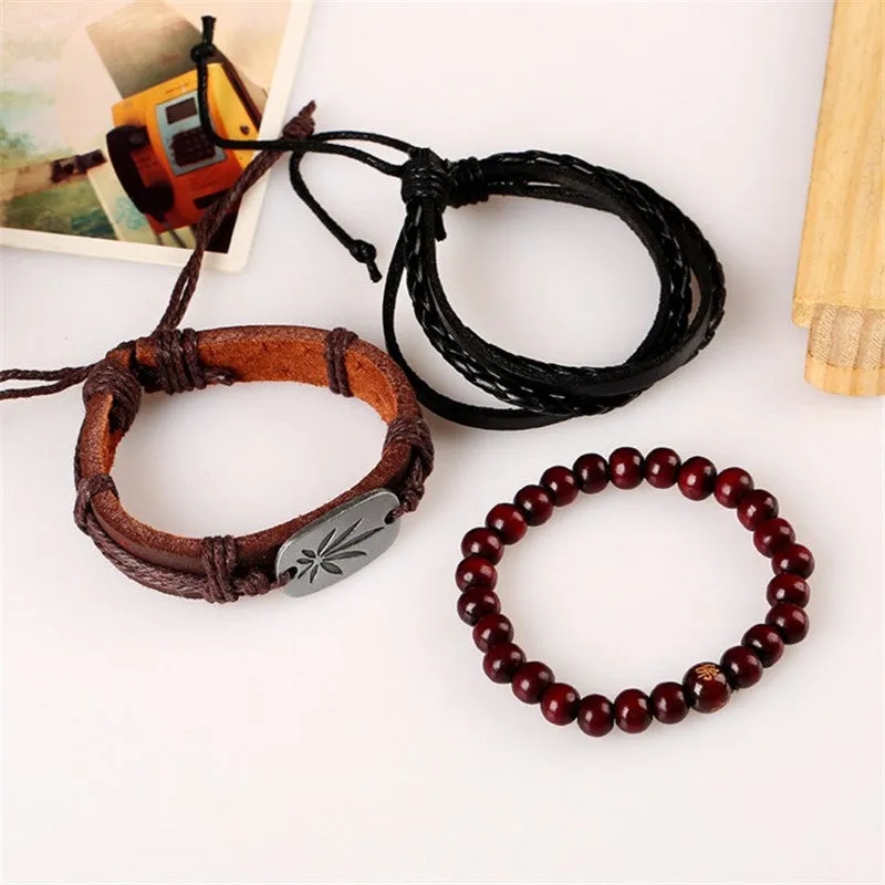 Simple Retro Braided Cowhide Bracelet Alloy Maple Leaf Leather Bracelet Multi-layer Set