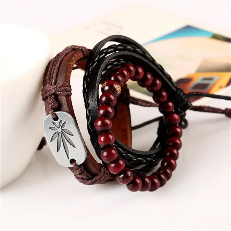 Simple Retro Braided Cowhide Bracelet Alloy Maple Leaf Leather Bracelet Multi-layer Set