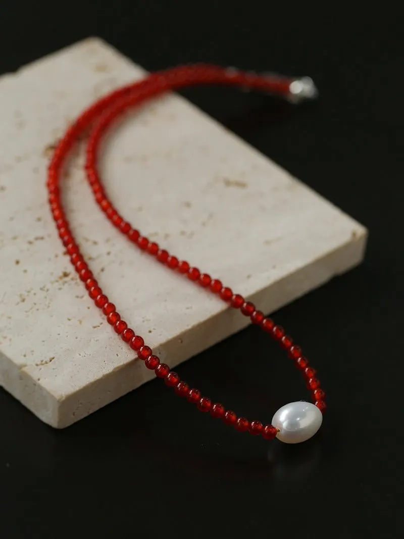 Single Pearl Red Agate Black Agate Beaded Necklace