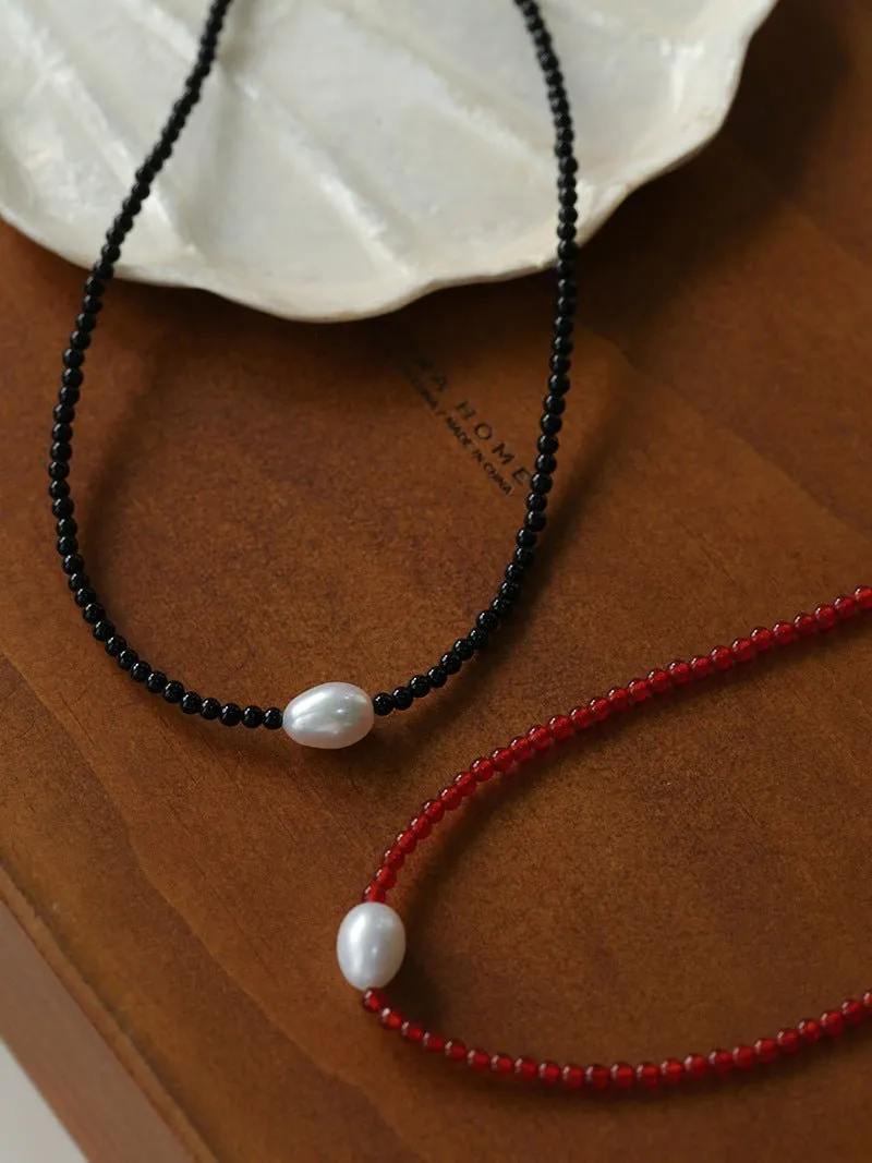 Single Pearl Red Agate Black Agate Beaded Necklace