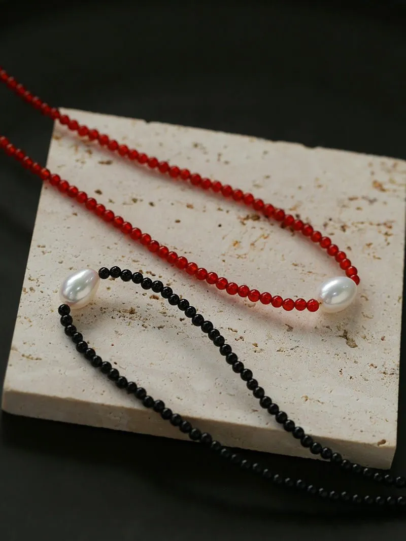 Single Pearl Red Agate Black Agate Beaded Necklace