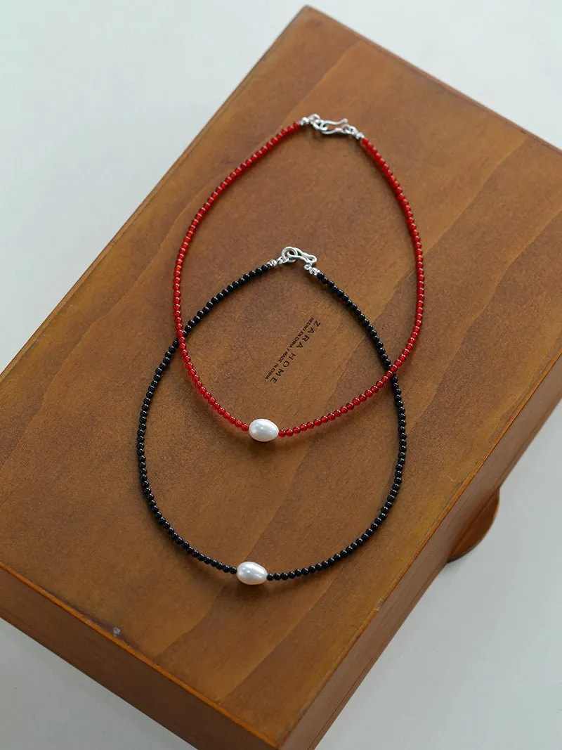 Single Pearl Red Agate Black Agate Beaded Necklace