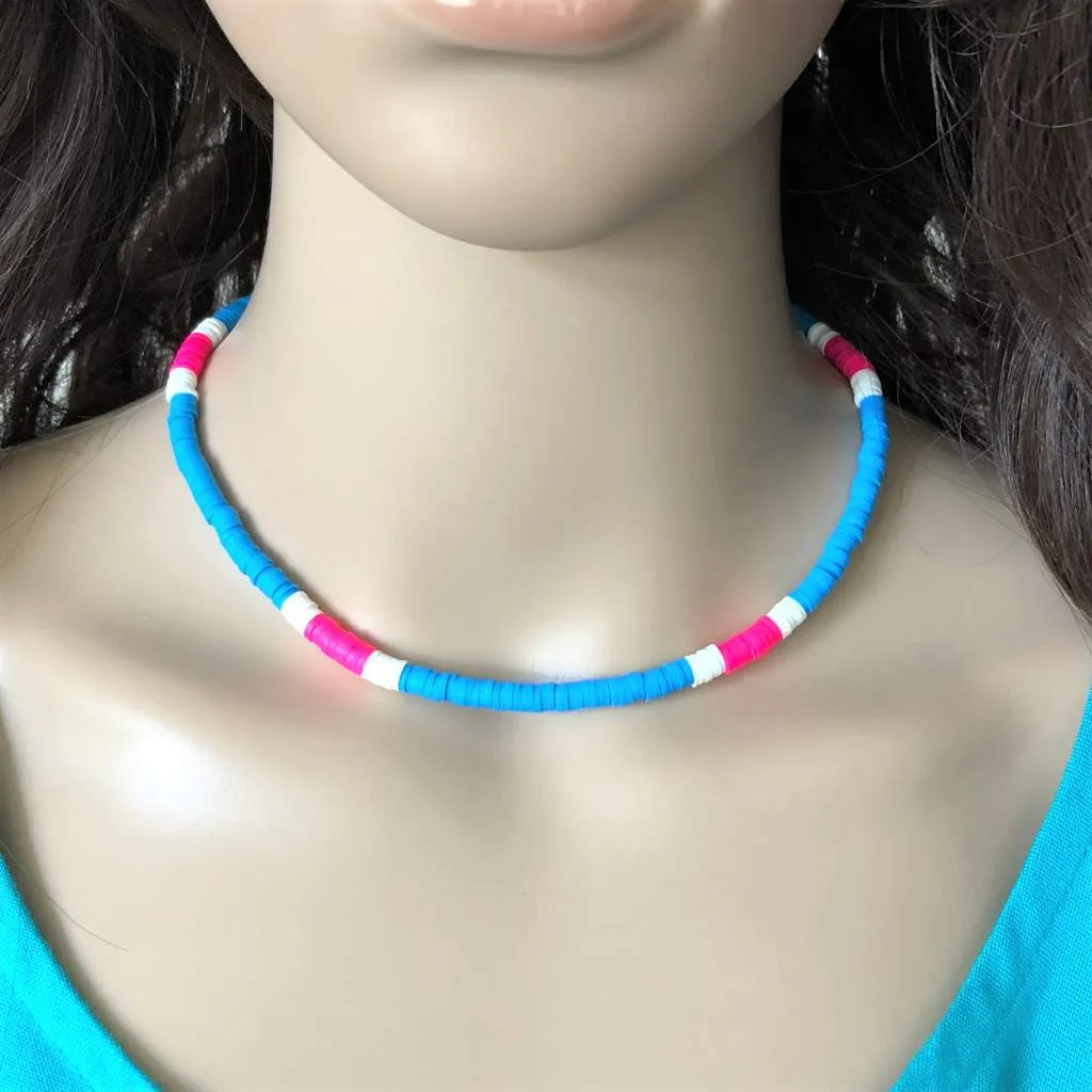 Sky Blue Pink and White Polymer Beaded Necklace