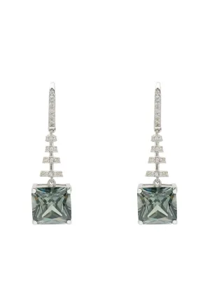 Spiral Square Crystal Drop Earrings Peridot Green Silver