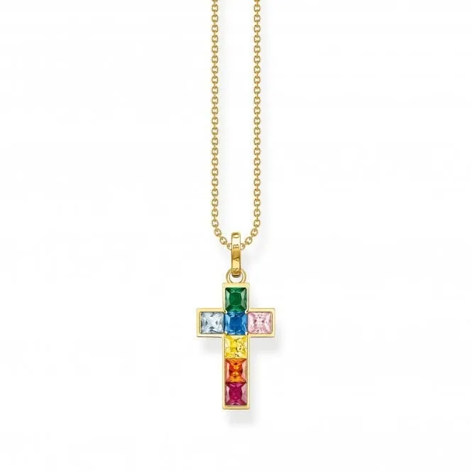 Sterling Silver Gold Plated Cross Colourful Stones Necklace KE2166-996-7-L45V