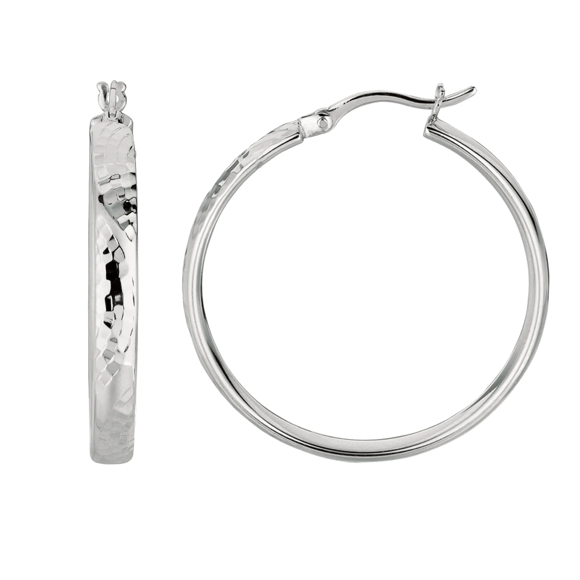 Sterling Silver Rhodium Finish Hammered Finish Hoop Earrings