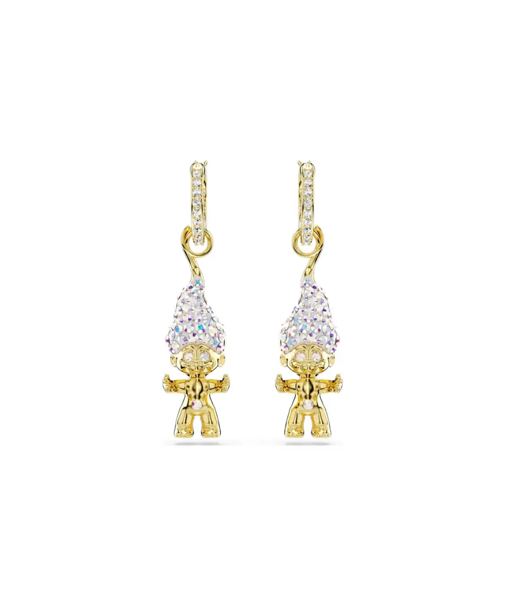 SWAROVSKI GOOD LUCK TROLLS DROP EARRINGS, TROLL,WHITE, GOLD-TONE PLATED