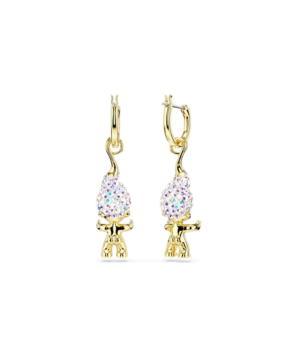 SWAROVSKI GOOD LUCK TROLLS DROP EARRINGS, TROLL,WHITE, GOLD-TONE PLATED