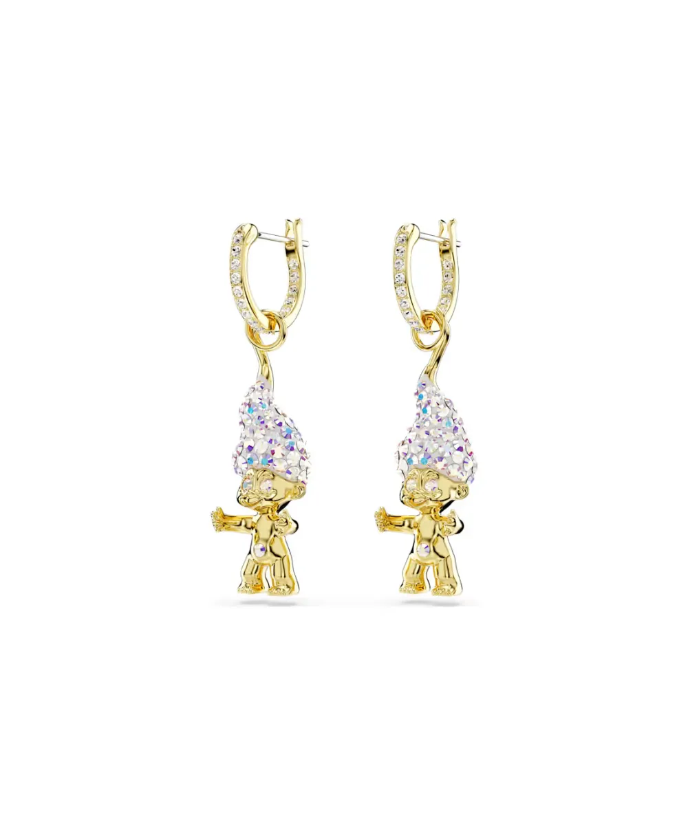 SWAROVSKI GOOD LUCK TROLLS DROP EARRINGS, TROLL,WHITE, GOLD-TONE PLATED