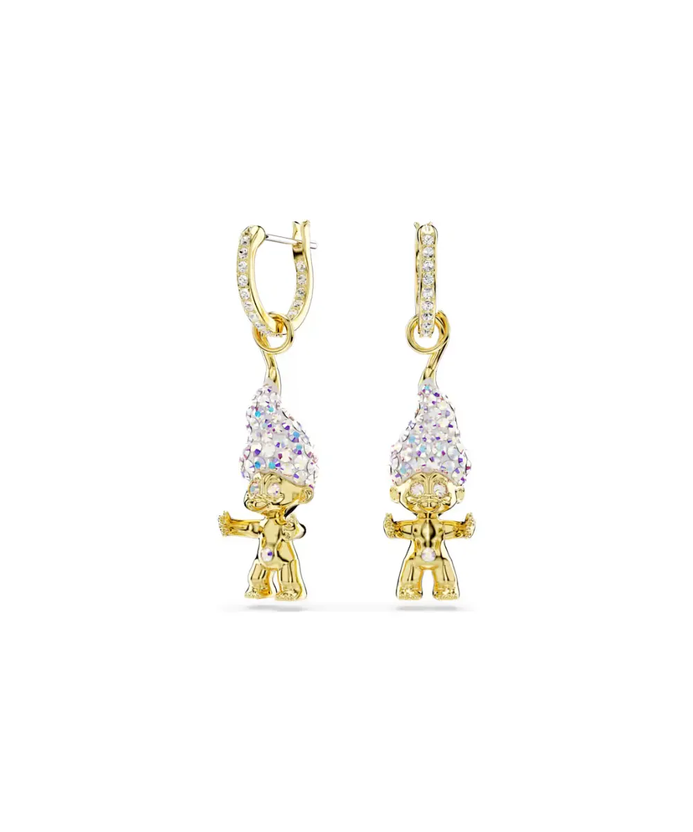 SWAROVSKI GOOD LUCK TROLLS DROP EARRINGS, TROLL,WHITE, GOLD-TONE PLATED