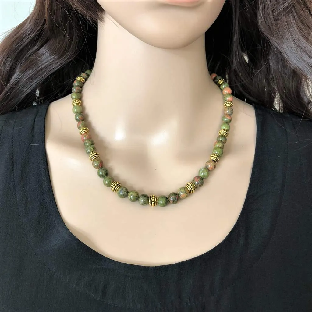 Unakite Green and Pink Beaded Necklace