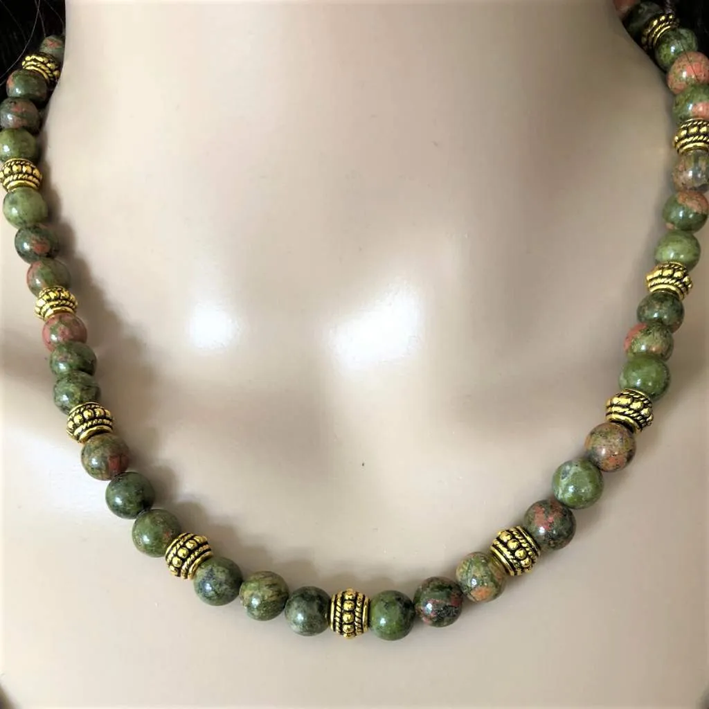 Unakite Green and Pink Beaded Necklace