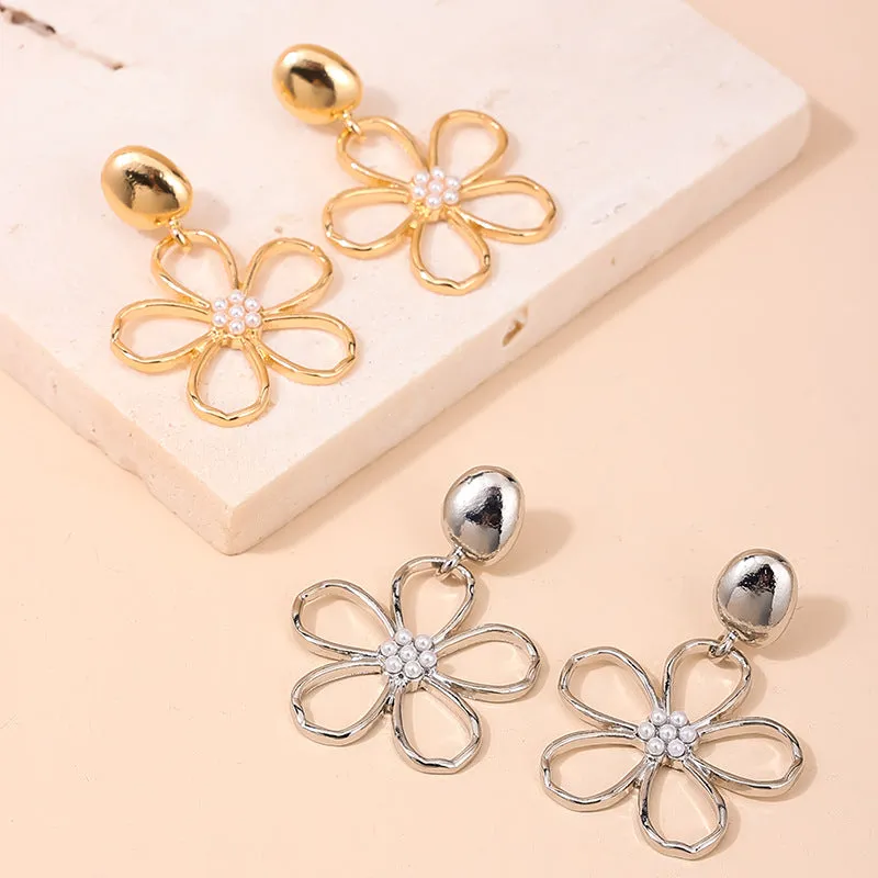 Vienna Verve Metal Flower Earrings with Pearl Detail