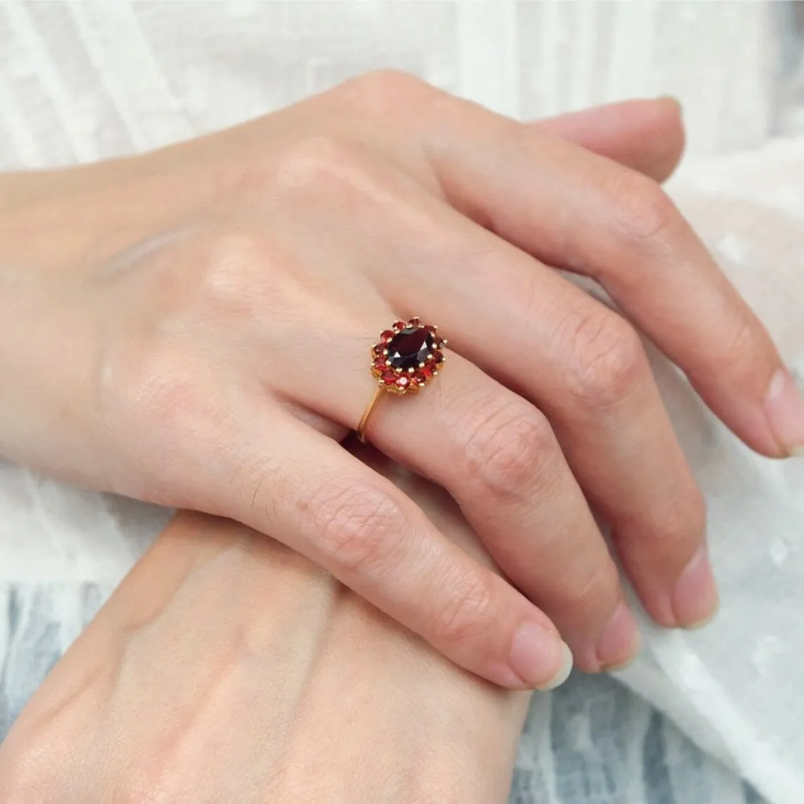 Vintage Garnet Rings -  Oval Cut Garnet Cluster Rings - 14k Gold Vermeil Rings