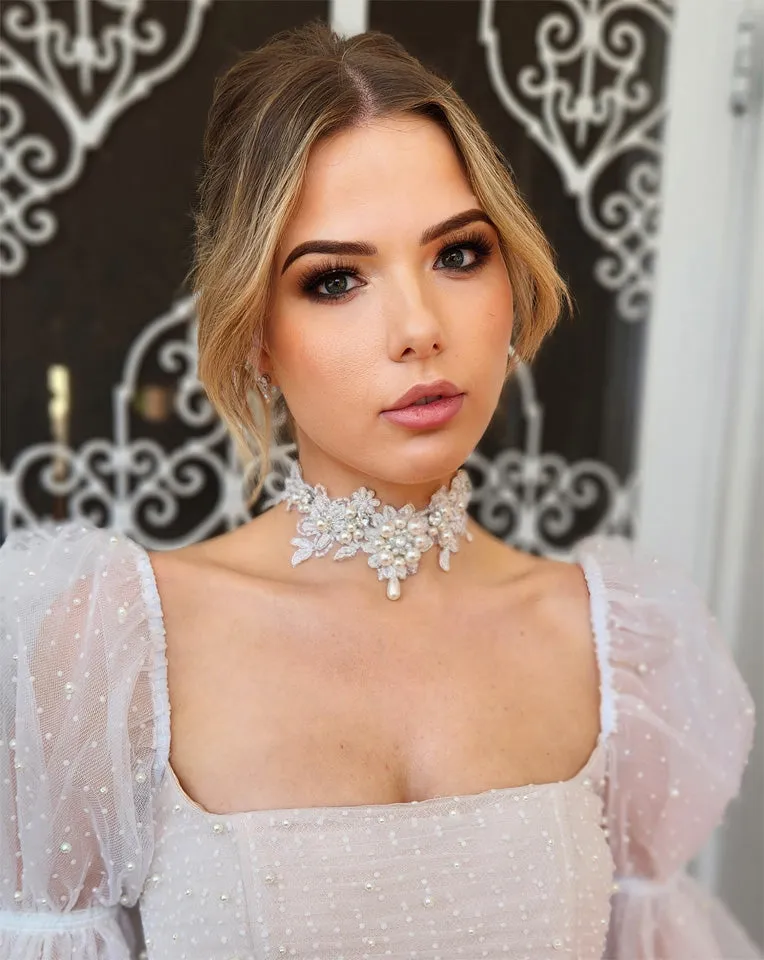 Wedding and bridal necklaces - lace and pearl choker with pearl drop back chain - Caylee by Kezani