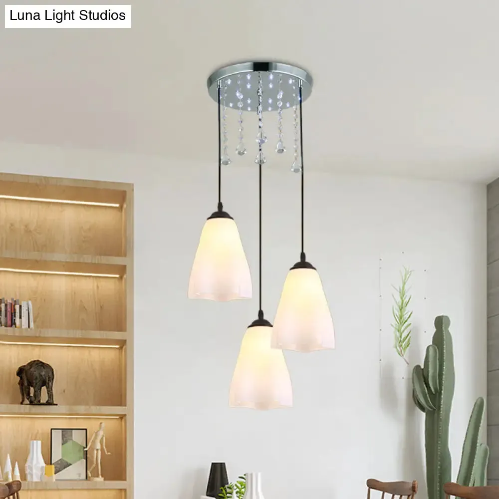 White Floral Glass Multi-Light Pendant with Crystal Accent and Black Minimalist Design