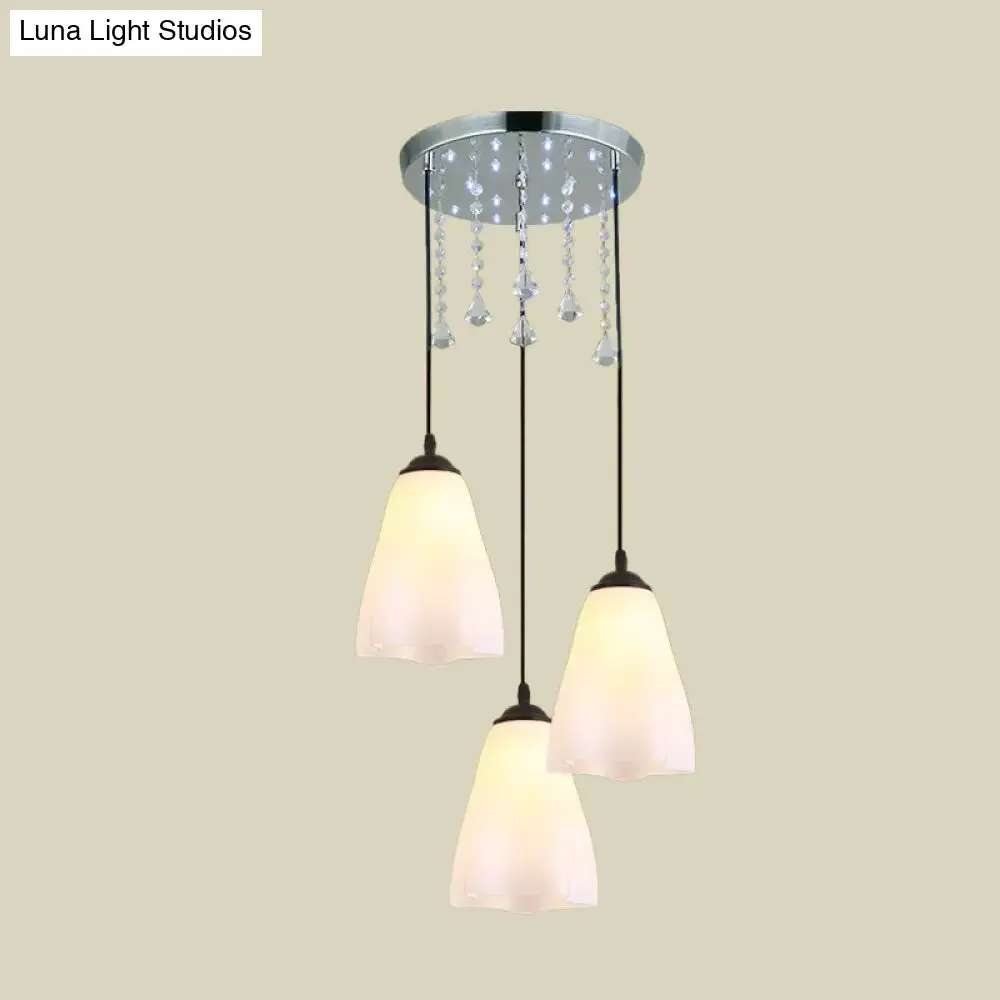 White Floral Glass Multi-Light Pendant with Crystal Accent and Black Minimalist Design